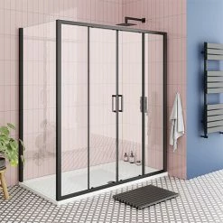 Toreno Matt Black 1400 X 800mm Double Sliding Door Shower Enclosure + Pearlstone Tray