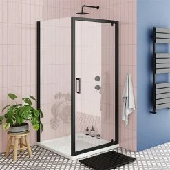 Toreno Matt Black 900 X 900mm Pivot Door Shower Enclosure + Pearlstone Tray