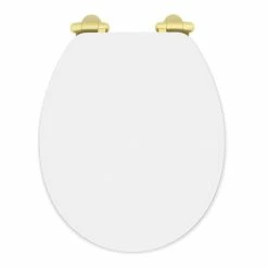 Toreno High Gloss White MDF Bottom Fixing Toilet Seat Brushed Brass Hinges